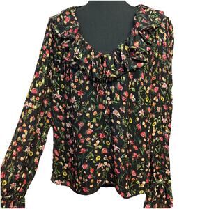Black Floral Ruffle-Neck Women's Blouse